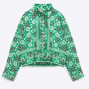 ZARA Green Floral Bandana Cropped Button Down Shirt